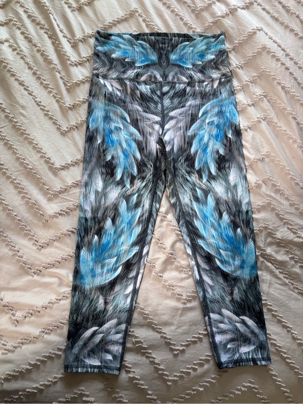 Evolution and Creation Blue and Gray Feather Print Leggings
